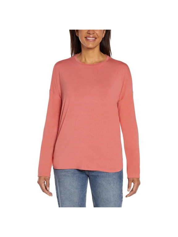 Women's Drop Shoulder Crew Neck Long Sleeve Top Shirt Rosey Peach Pink XS