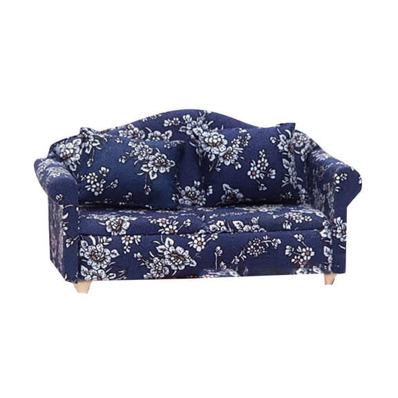 Dollhouse Miniature Sofa, 1:12 Scale Floral Fabric Double Sofa with Pillow, Wooden Mini Furniture for Dollhouse Living Room Scene Model, DIY Crafts and Collector Display