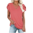thumbnail image 2 of HOMBOM Shirts for Women Summer V Neck Watermelon Red Loose Short Sleeve Ruffled Sleeve Solid Blouse M, 2 of 8