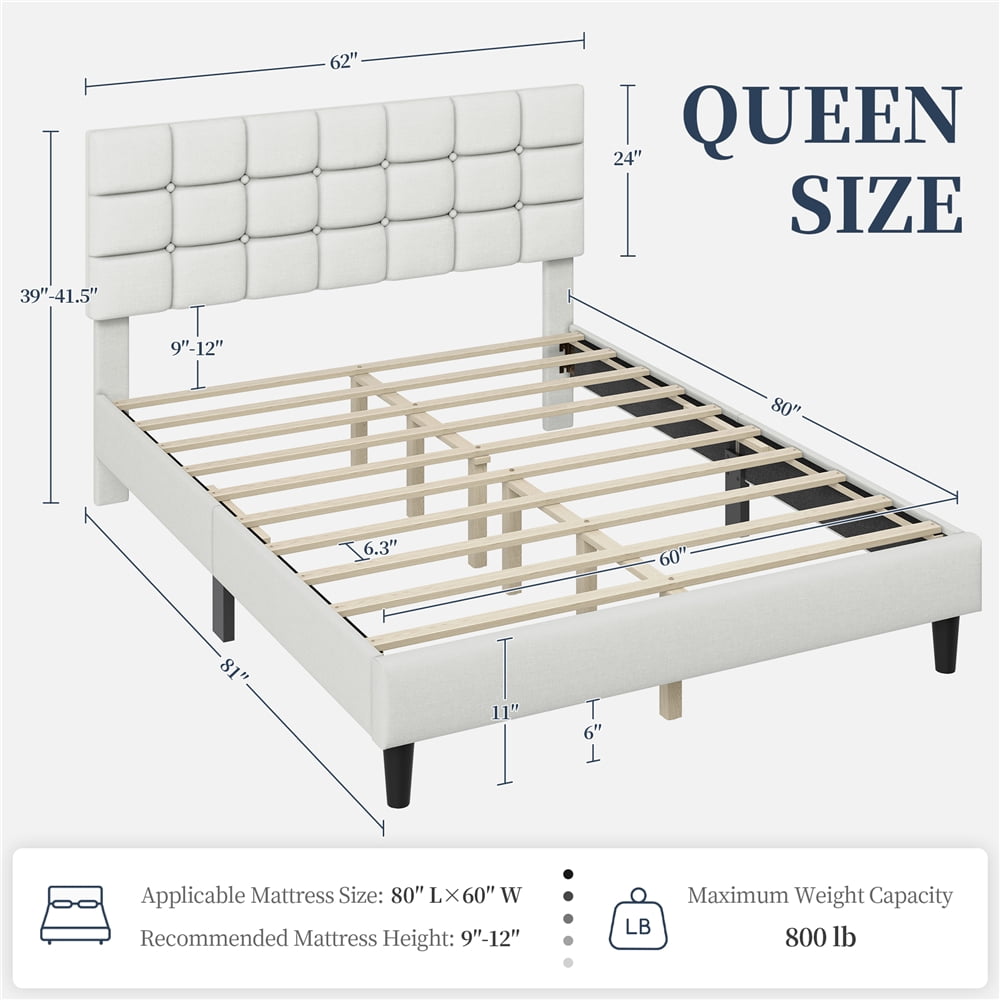 Yaheetech Upholstered Platform Bed with Square Tufted Headboard, Queen, Beige