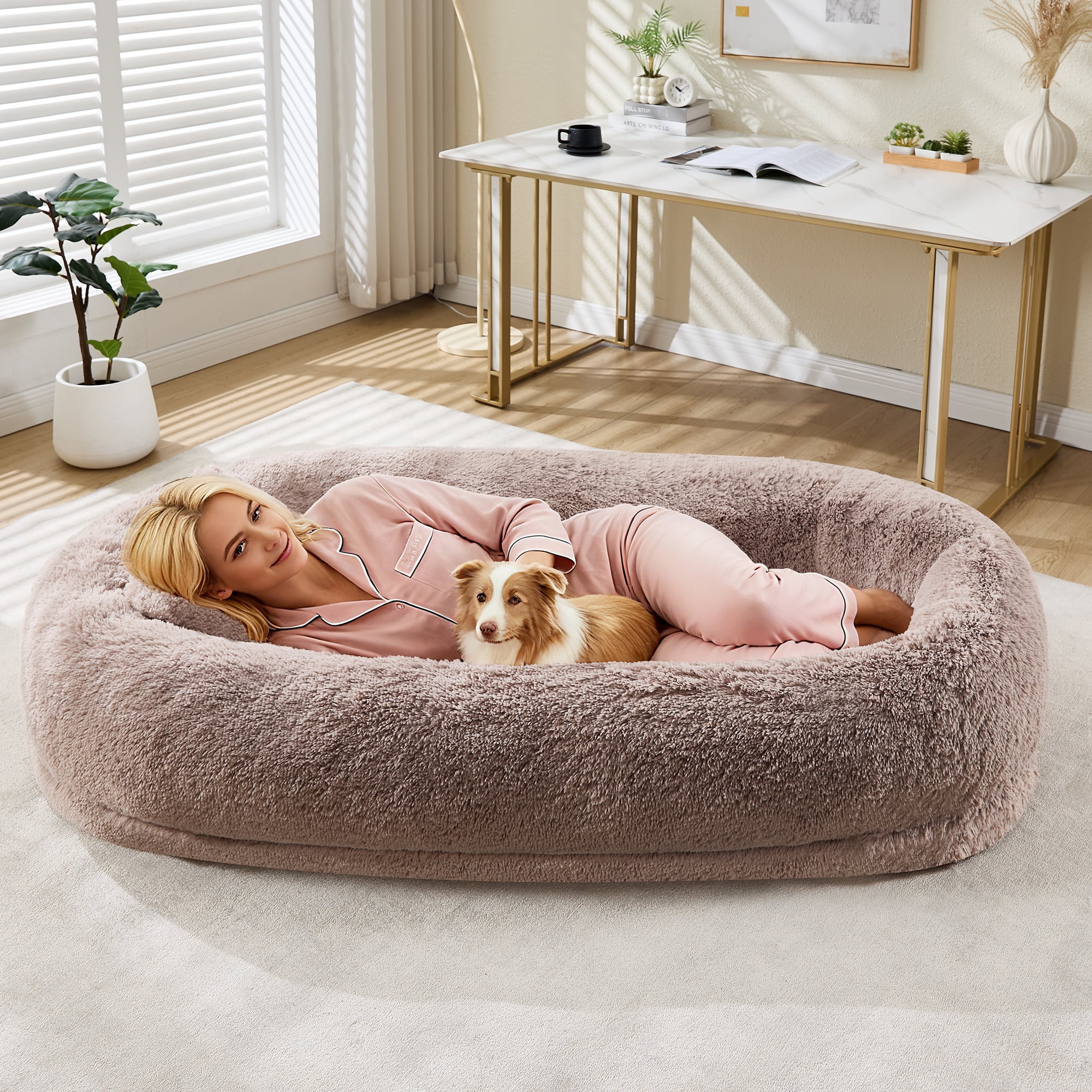 Orthopedic Soft Faux Fur Human Dog Bed for Adults and Pets, Large 67"x43"x8" Lounger Bed with Plump Pillow, Side Pocket and Fix Strap, Washable Design No Assembly Required, Cozy Bed for Bedroom