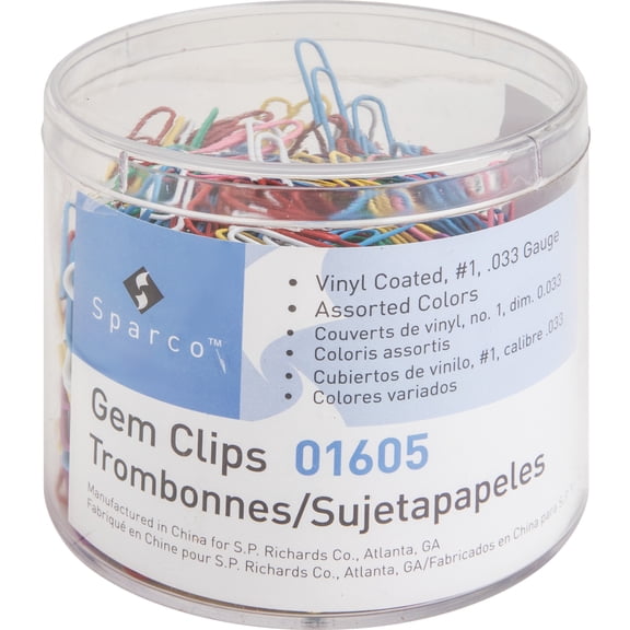 Business Source, BSN01605, Vinyl-coated Gem Clips, 500 / Box, Assorted
