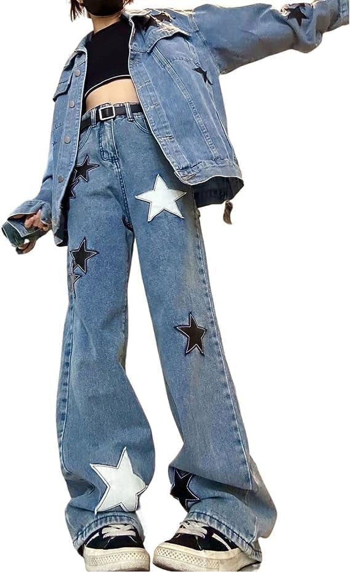 LinYooLi Y2K Baggy Jeans Star Patch Wide Leg Pants Alt Emo