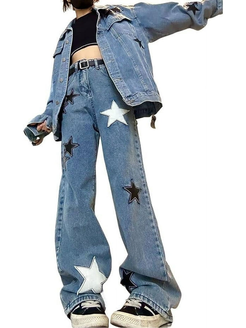 LinYooLi Y2K Baggy Jeans Star Patch Wide Leg Pants Alt Emo