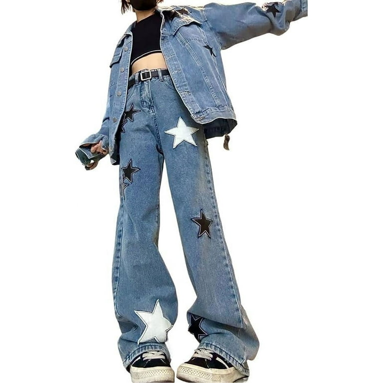 LinYooLi Y2K Baggy Jeans Star Patch Wide Leg Pants Alt Emo