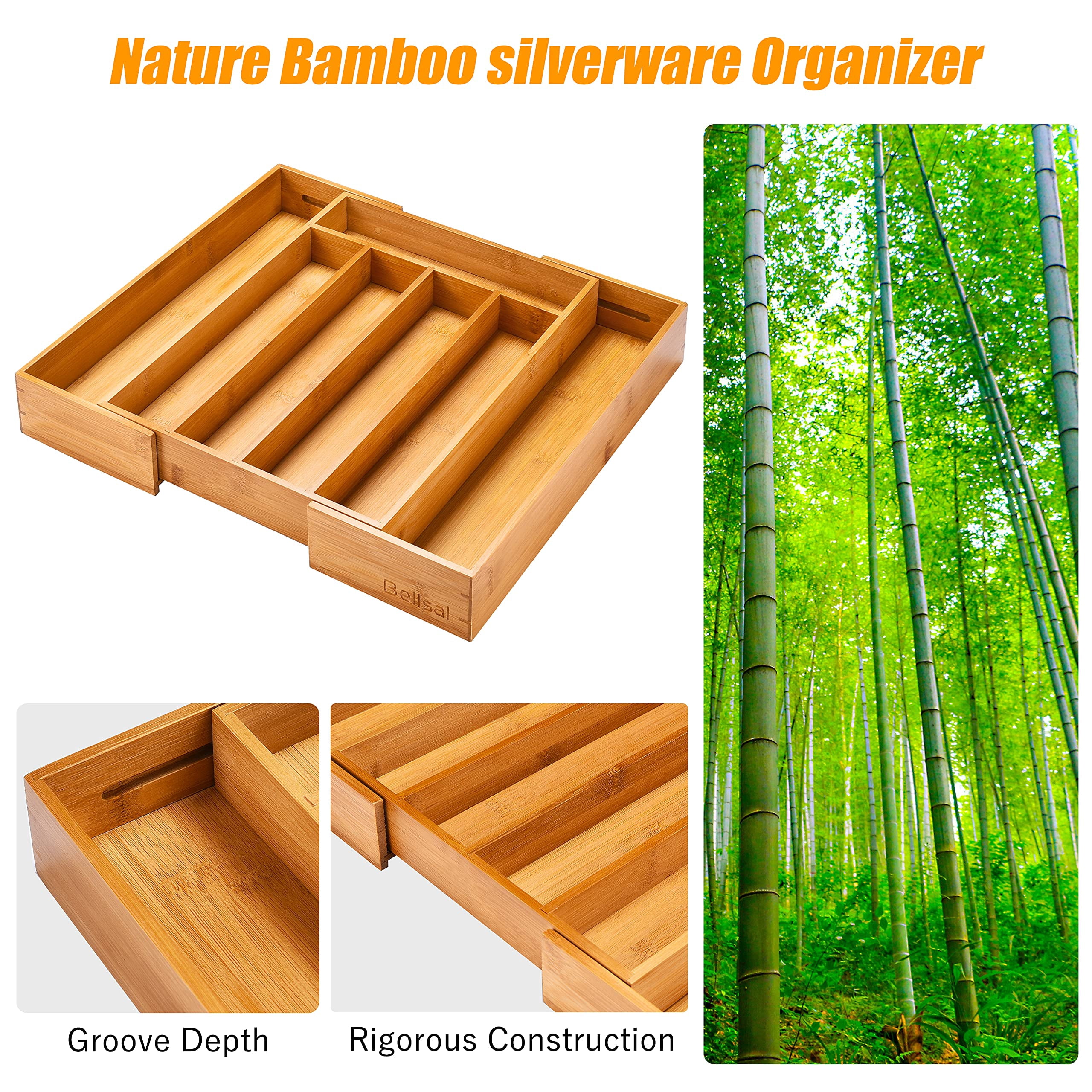 Binsuca Silverware Organizer Kitchen Drawer Organizer Expandable Bamboo Utensil Holder Cutlery Tray for Kitchen Utensil and Flatware Bedroom Office