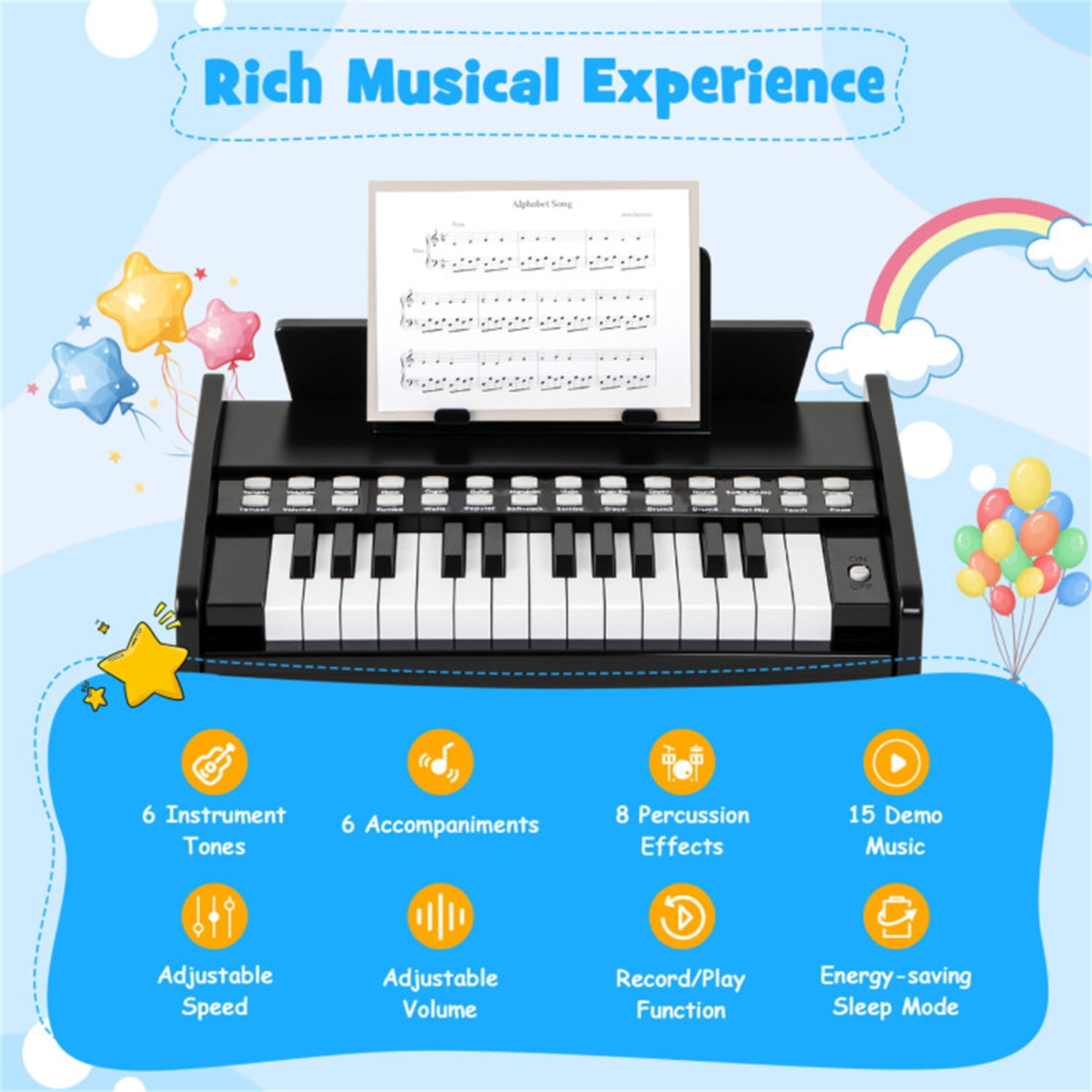 25 Keys Mini Digital Piano for Kids Age 3+, Lighted Teaching Mode with 6 Tones & 15 Demo Songs-Black