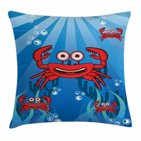 Crabs Throw Pillow Cushion Cover, A Group of Funny Crab Underwater with Smiling Happy Faces Bubbles Coral and Sun Rays, Decorative Square Accent Pillow Case, 16 X 16 Inches, Blue Red, by Ambesonne