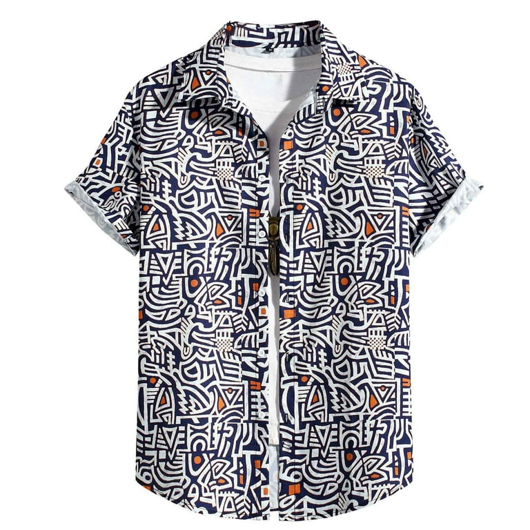 VSSSJ Shirts for Men Big and Tall Ethnic Style Print Casual Button Down  Short Sleeve Turndown Collar Blouse Shirt New Fashion Lounging Tops White L