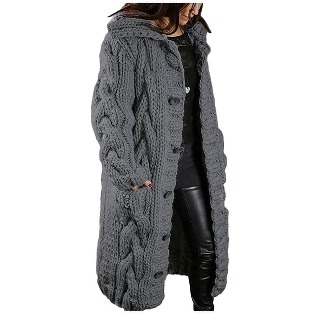 JUNWELL Long Sweaters Cardigan for Women Open Front Long Sleeve Plus Size Hooded Cardigans Chunky Cable Knit Duster Cardigans with Pockets Winter Coat