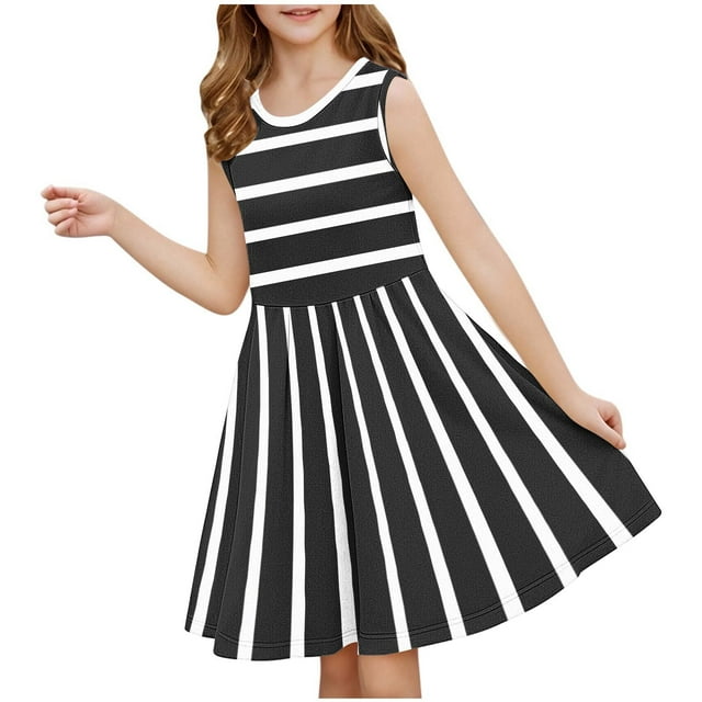 RXIRUCGD 2025 Vêtements d'Été pour Enfants Robe d'Été Sans Manches à Col Rond Rayée Taille Moyenne Robe Cintrée pour Enfants