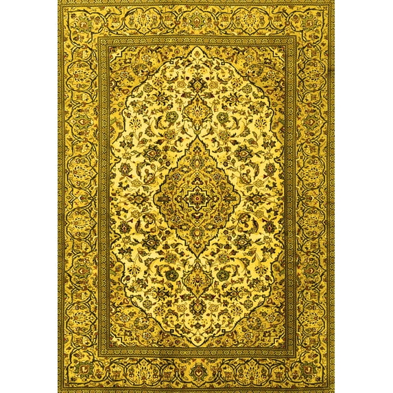 Ahgly Company Machine Washable Indoor Rectangle Medallion Yellow Traditional Area Rugs, 7' x 10'