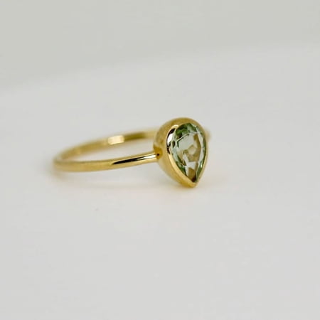 Pear Green Tourmaline Ring 14k Gold Plated Teardrop Tourmaline Engagement Ring, Bezel Set Promise Ring Unique Handmade Fine Jewelry Christmas Gift