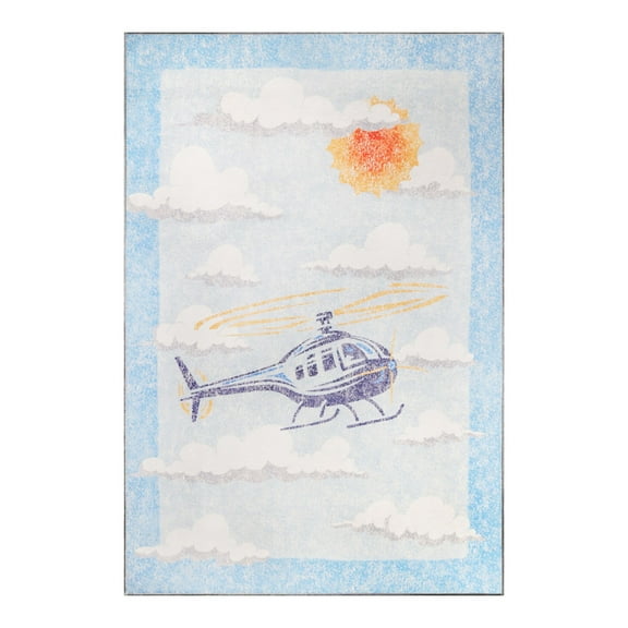 World Explorer Helicopter Indoor Flatweave Polyester Anti-Skid Kids' Area Rug, 4' x 6', Travel Cerulean Blue by Superior