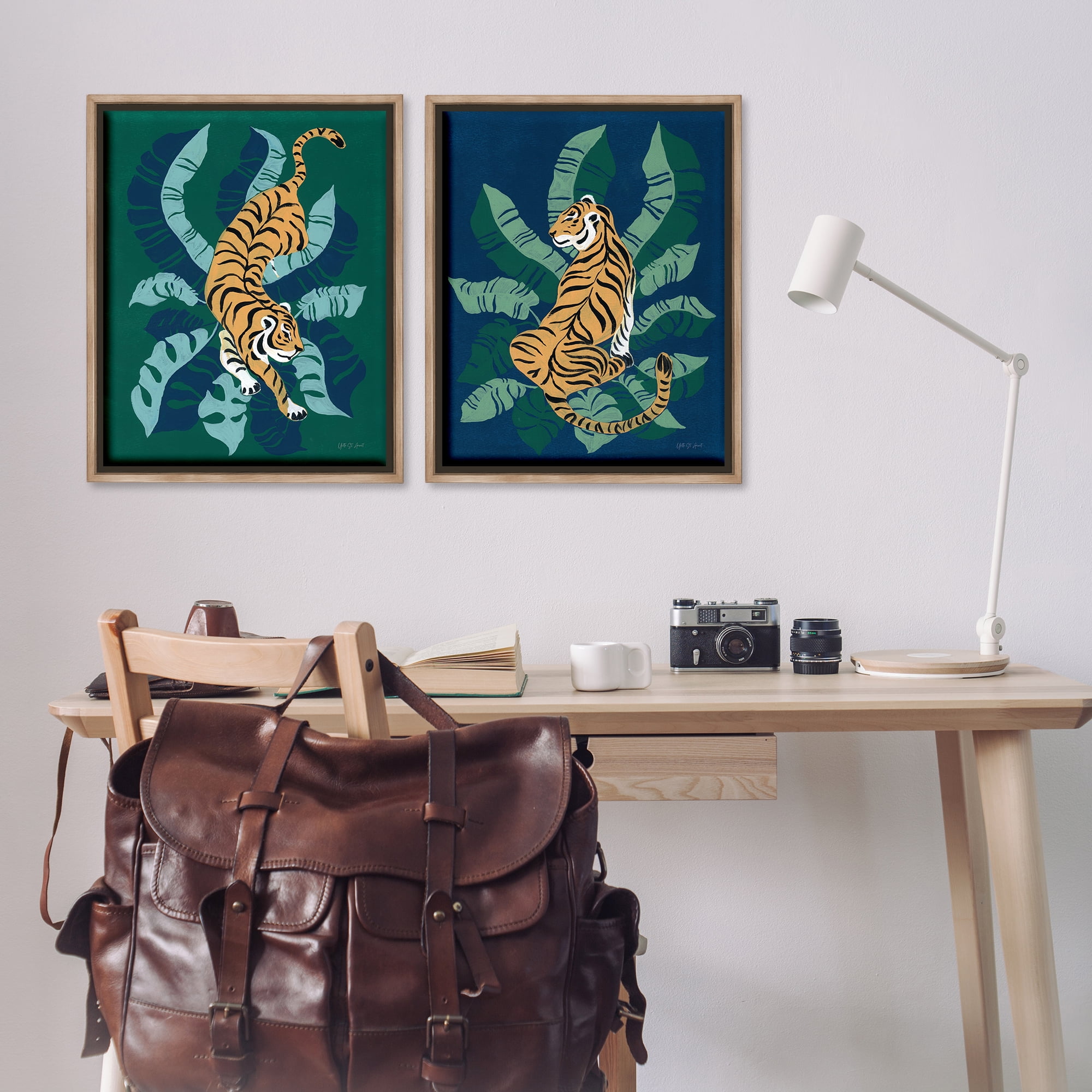 Stupell Industries Prowling Tiger Sitting Tiger Jungle Animals Painting Brown Floater Framed Canvas Art Print Wall Art, 31 x 25, Set of 2