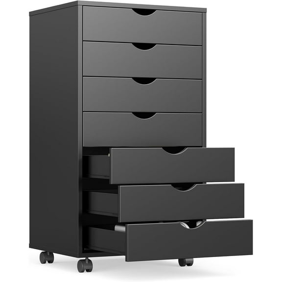 7 Drawer Mobile File Cabinet Under Desk Storage Organization with Wheels Vertical Filing Chest Rolling Wood Small Desk Printer Stand for Home Office, 15.75"D x 18.74"W x 34.25"H, Black