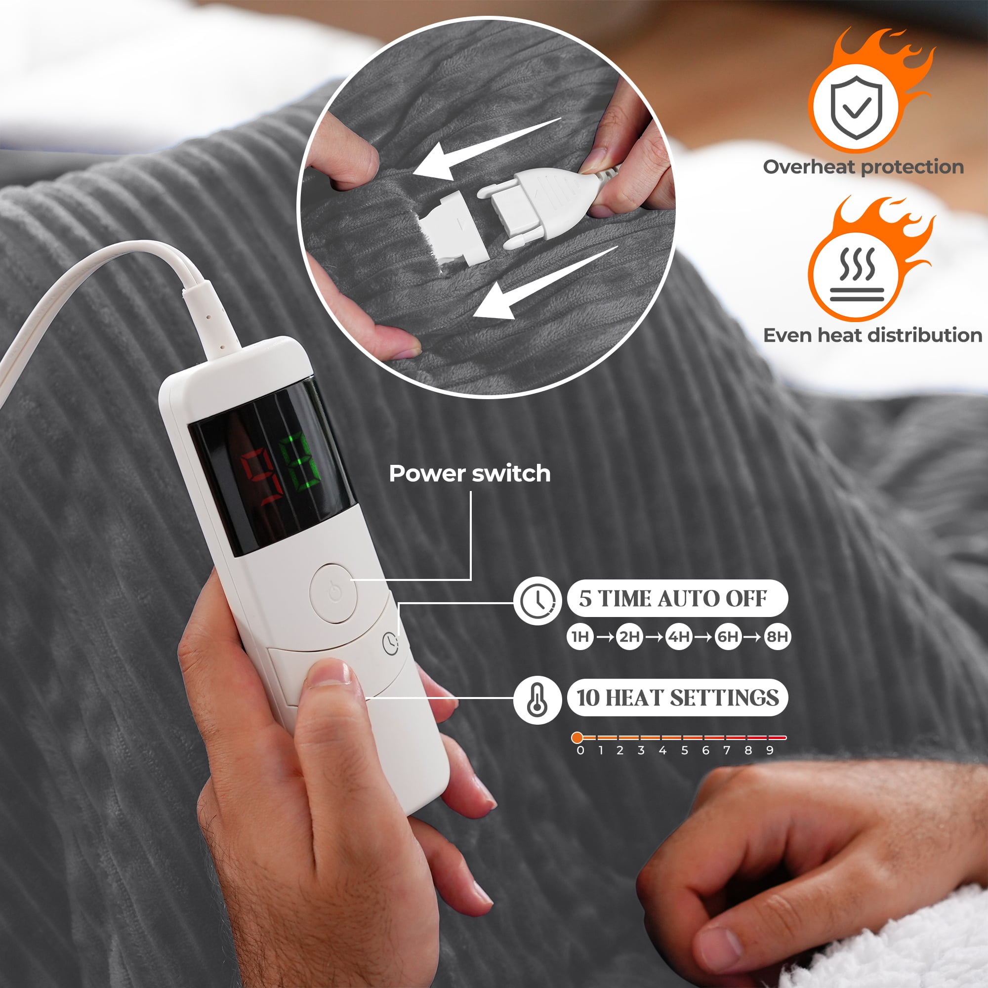 50"x60" Heated Electric Blanket Fast Heating Lap Flannel Blanket, 1/2/4/6/8 Hours Auto-off 10 Heat Level Winter Throw Blankets, Over-heat Protection Flannel Heater Throws, Machine Washable, Gray