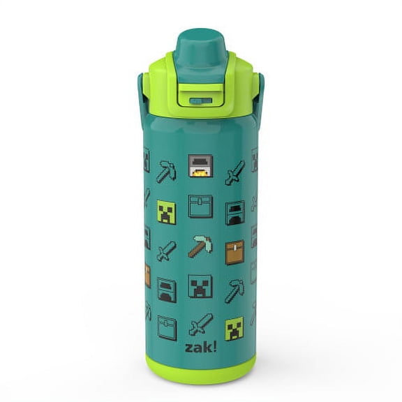 Zak Designs 20oz Minecraft Kids Straw Water Bottle, Stainless Steel Vacuum Insulated Liberty Bottle with Easy-Open Locking Spout Cover for Travel, Built in Carry Handle