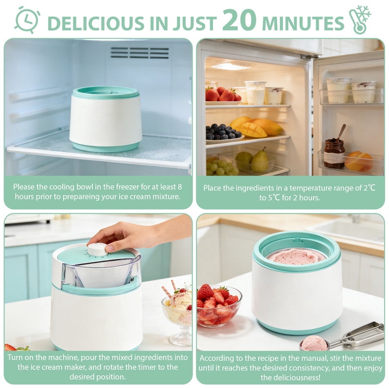 SUSLAS 0.8L Mini Ice Cream Maker Machine with Timer Knob, Compact Personal Ice Cream Maker for Homemade Gelato, Sorbet & Frozen Yogurt, Easy Operation, White & Green
