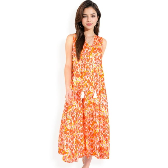 Women's Sleeveless Tiered Maxi Dress with Vibrant Abstract Print and Tassel Tie Detail- Orange,Large