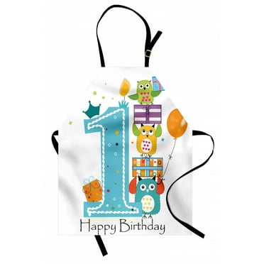 1st Birthday Apron First Cake with Candle Owls Family with Box Party Theme Print, Unisex Kitchen Bib Apron with Adjustable Neck for Cooking Baking Gardening, Sky Blue Orange and Green, by Ambesonne