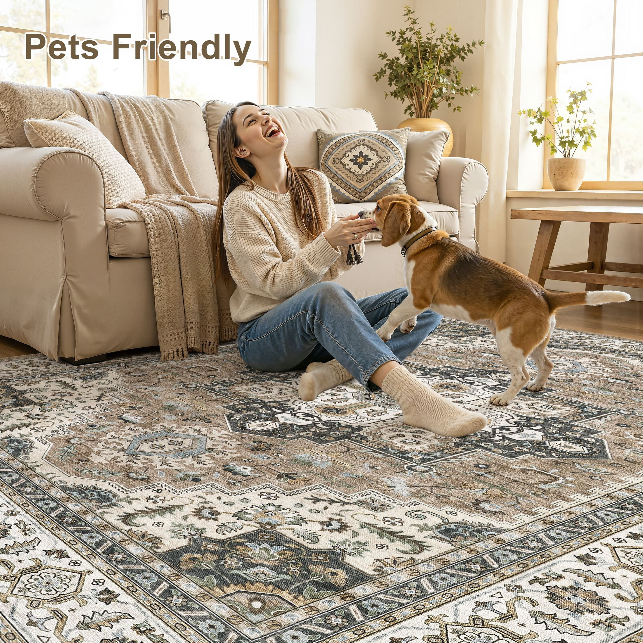 UERMEI 8'x10' Area Rugs for Living Room, Vintage Traditional Washable Rug for Bedroom Dining Room Home Office, Non-slip Floral Large Area Rug Decor Carpet, Brown Beige Rug