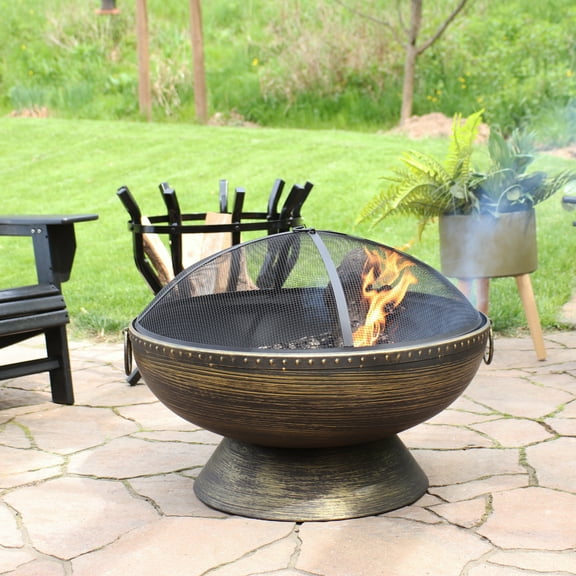Sunnydaze 30" Wood-Burning Black Finish Steel Cauldron Fire Pit Bowl with Screen, Grate, and Poker