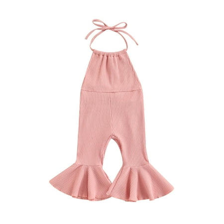 

Toddler Baby Girl Ribbed Romper Solid Sleeveless Jumpsuit Overalls Bell Bottom Pants Leggings Summer Outfits