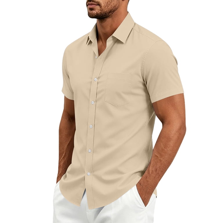 beige dress shirts for men Stamzod Mens Casual Solid Short Sleeve Button Up Shirt Business Work Shirts S-5Xl Coffee XXXXXL Color:M-Royal Blue Dress Shirts cat:robes-longues black prom dresses mermaid