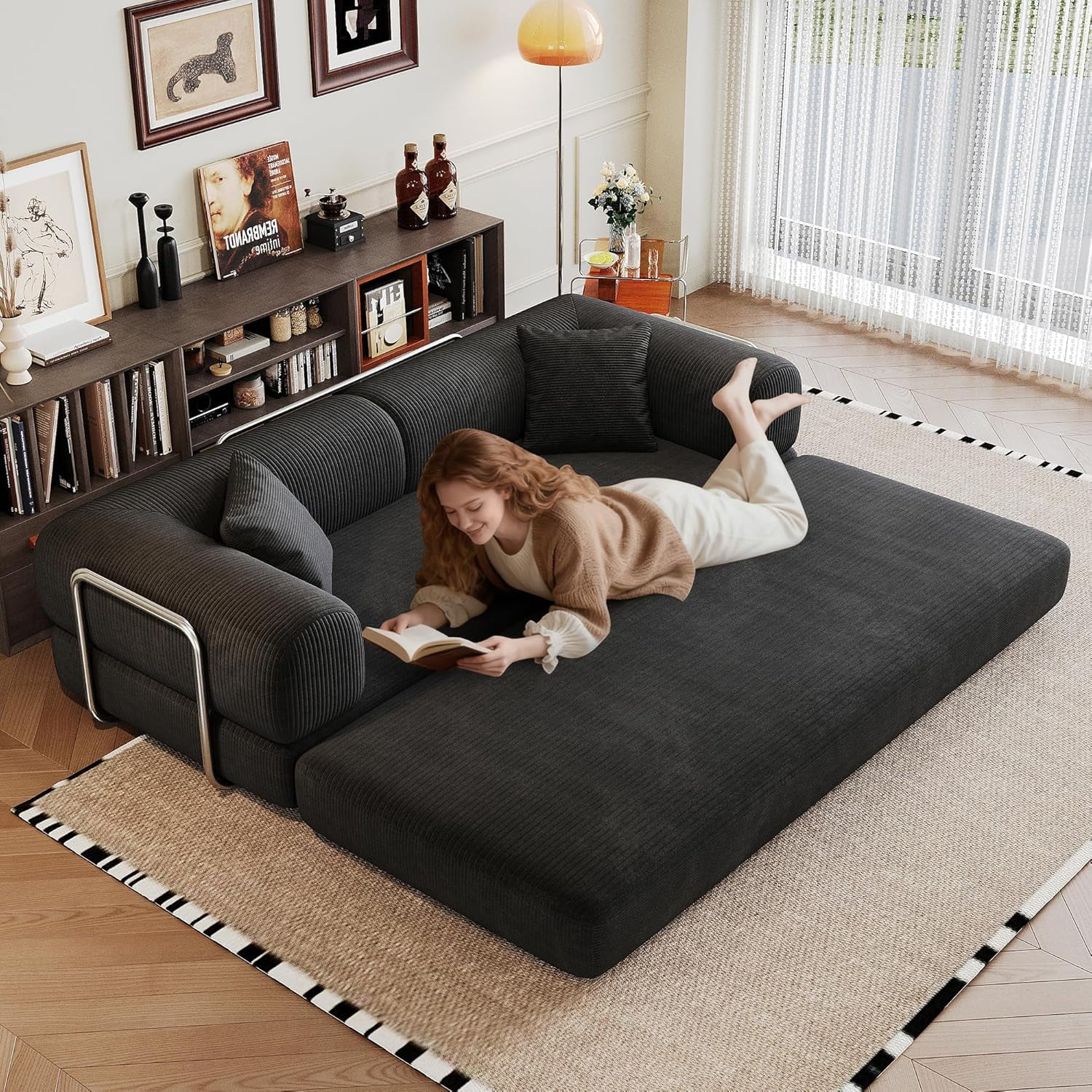 Howcool 79" Convertible Sofa Bed, Corduroy Folding Pull Out Couch with Pillows, Boneless Compression Sofa in a Box, Floor Sofa with Support Rods for Living Room, Black