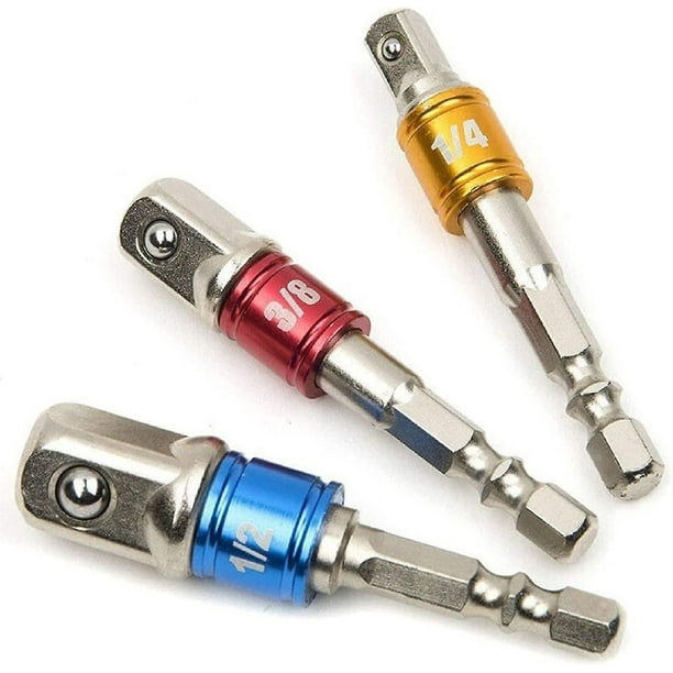 Juego de 3 adaptadores de dado de grado de impacto, 1/4", 3/8" y 1/2" Accionamiento, adaptador de enchufe a taladro para destornilladores de impacto, convierte el taladro eléctrico en una tuerca de al Afortunado Sencillez