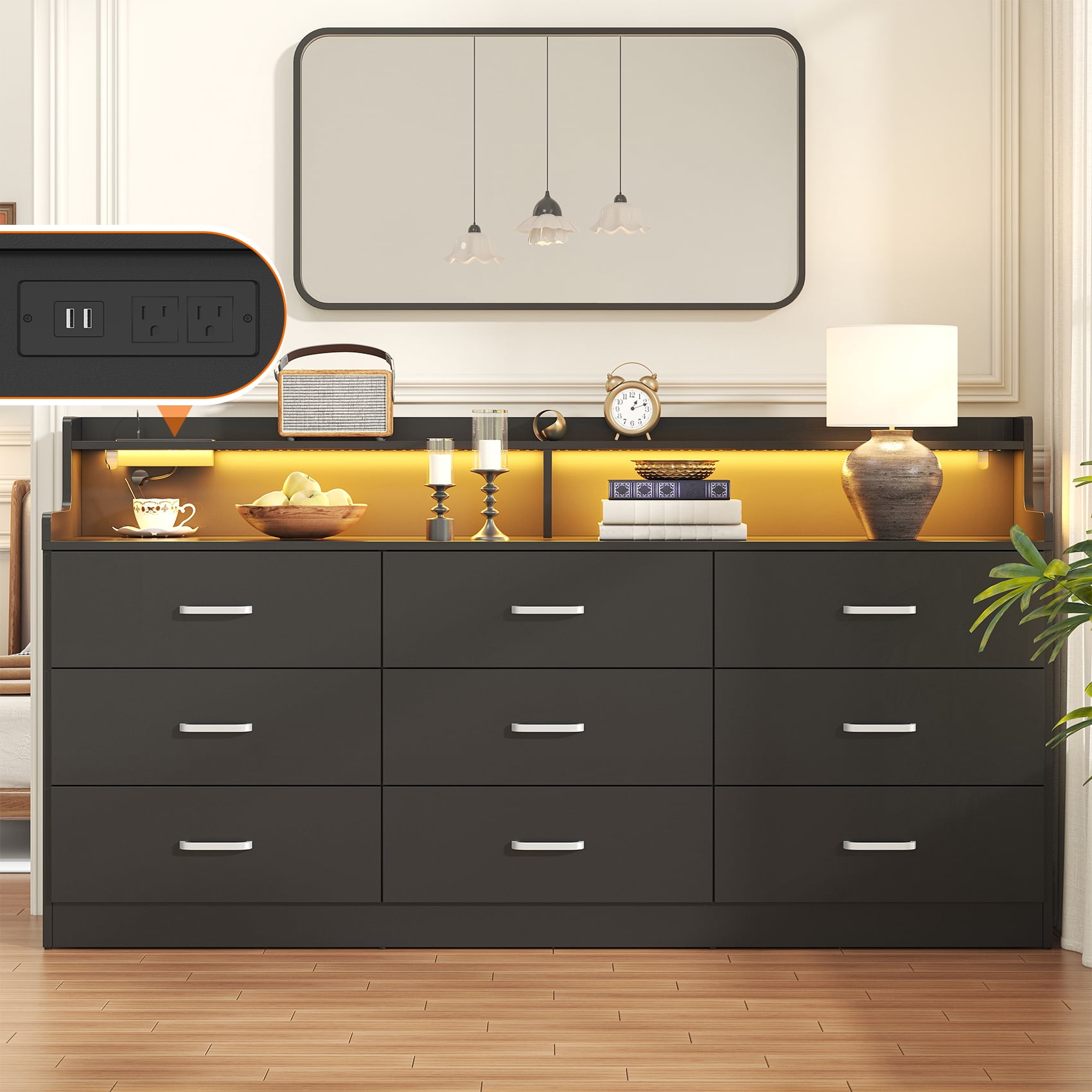 Frmobepts 9 Drawers Dresser, 63" Black Drawer Dresser with Power Outlet, Accent Chests of Drawers with LED Light, Modern Storage Dresser for Bedroom, Living Room