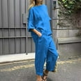 thumbnail image 2 of Pyhlmscde Lounge Sets for Women, Womens Summer Casual Solid Color Crewneck Top & Pants Cotton Linen Two Set, Two Piece Sets for Women Light Blue 4XL, 2 of 4