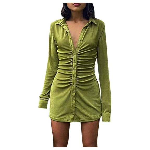 Sngxgn Women's Pleated Flowy Dresses Casual Midi Ruffle Dress(Green,L)