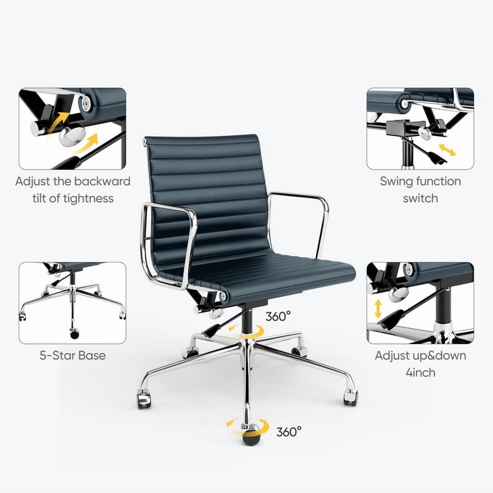 Cottinch Ribbed Office Chair Mid Back Genuine Leather Ergonomic Desk Chair with Arms, Adjustable Height Executive Conference Task Chair Swivel Chair for Home Office, White