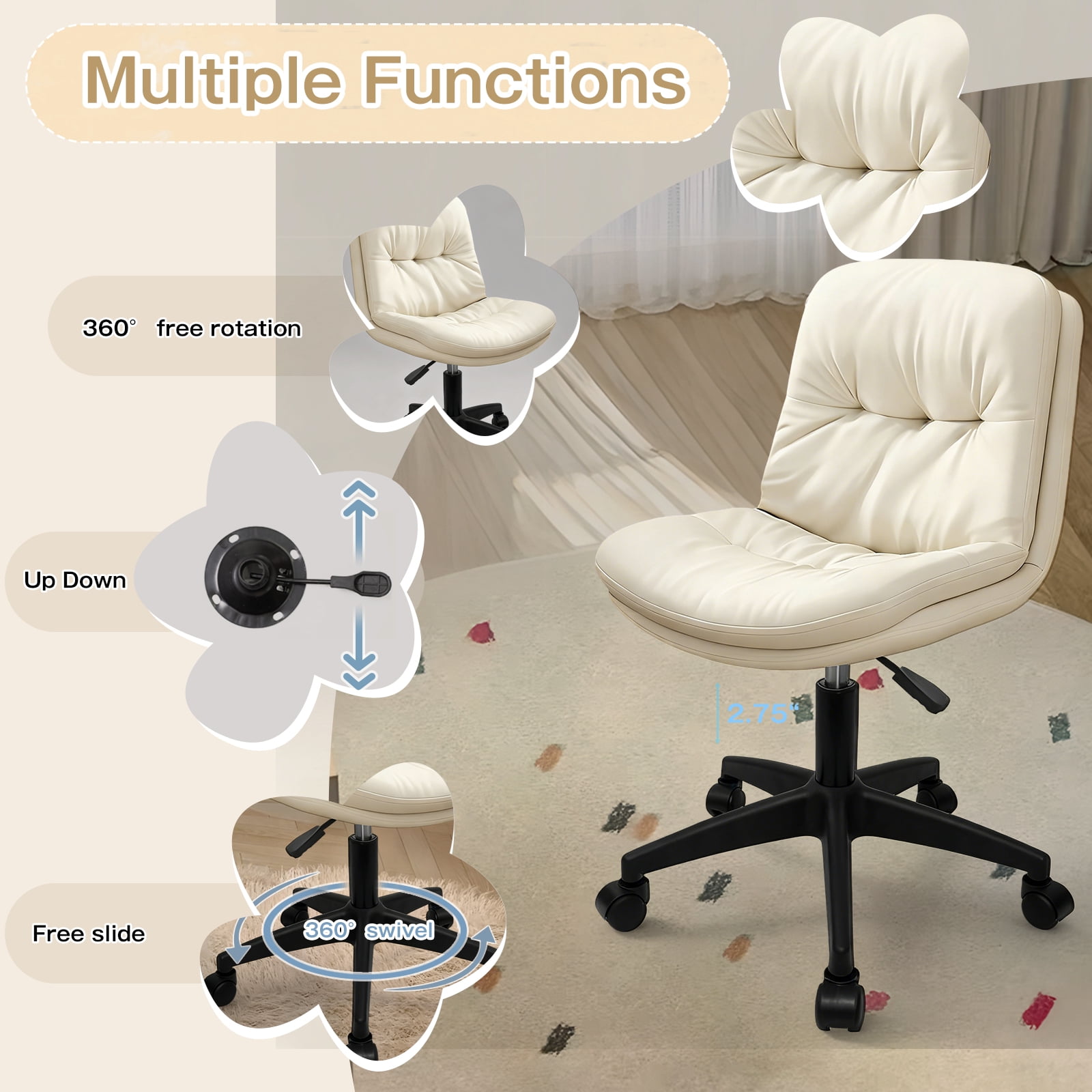 Small Office Desk Chair, PU Leather Armless Swivel Chair with Lumbar Pillow, Height Adjustable Task Chair for Small Spaces, Bedroom & Vanity Beige