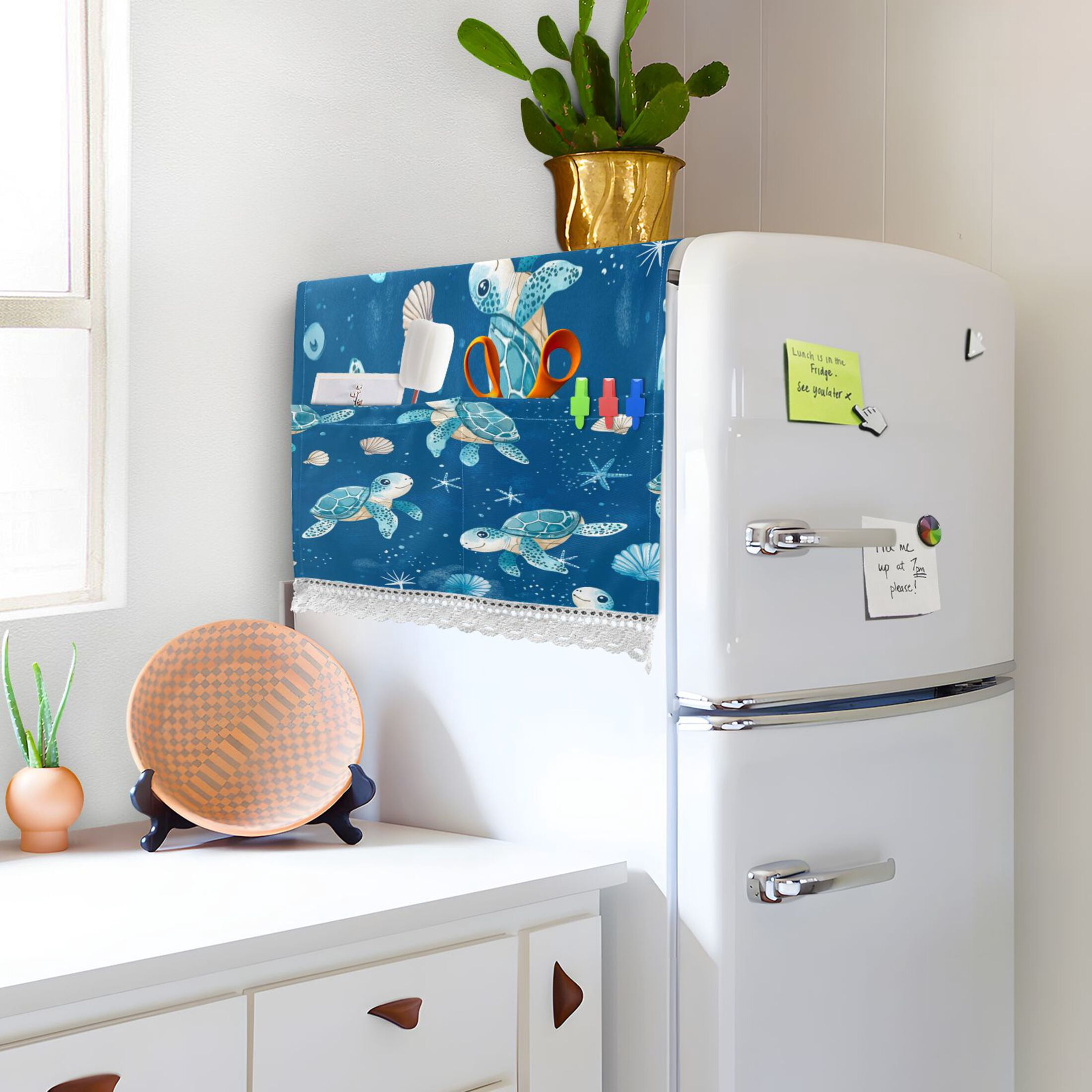 Dustproof Washing Machine Cloth Washer and Dryer Top Covers, Fridge Dust Cover, With Storage Bags Cute Turtles Pattern