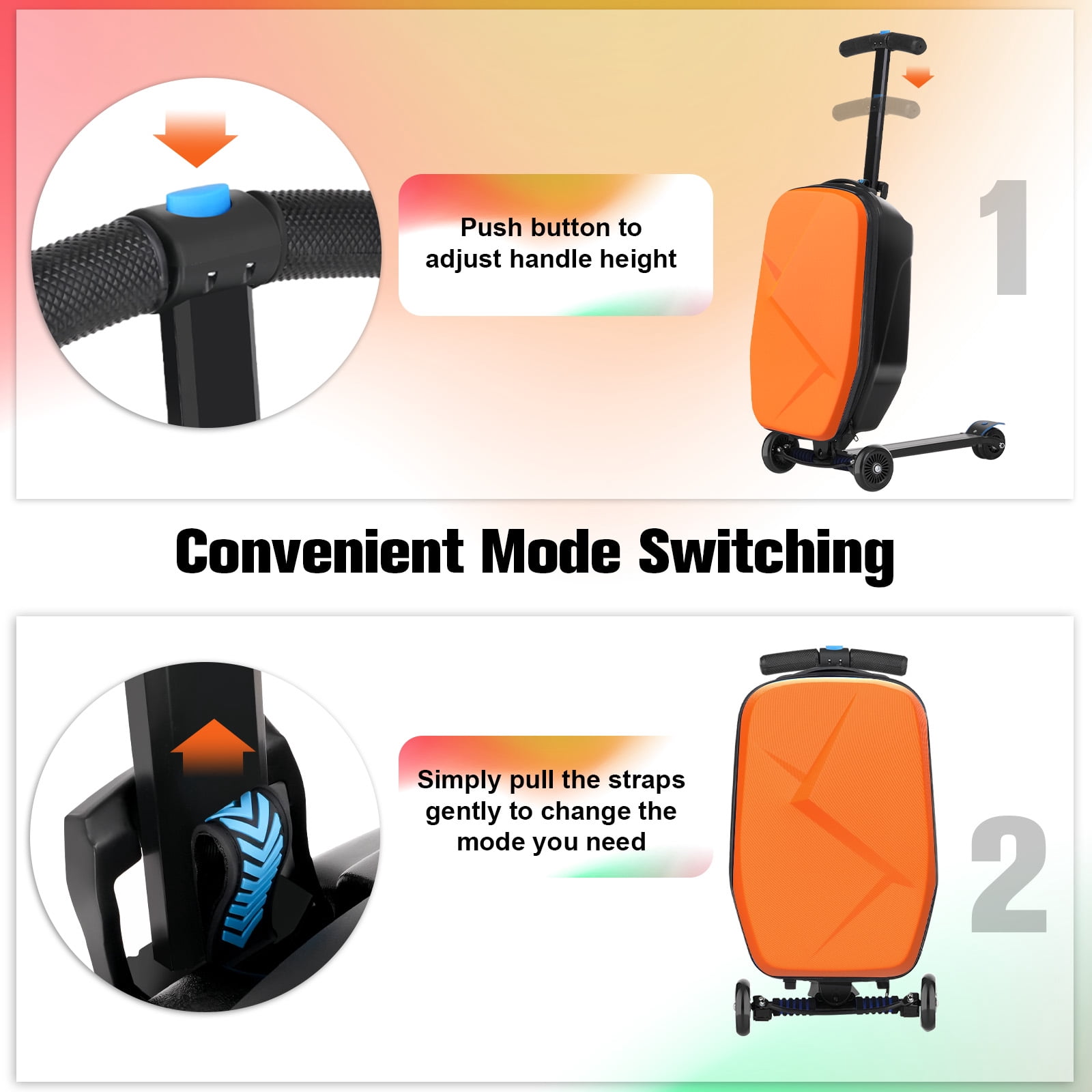 Advwin Scooter Luggage for Kids & Adults, Hardside Ride on Suitcase for Kids Ages 4-15 Multifunctional Lightweight Foldable Carry on Luggage with Wheels Ride on for Children Teenagers, Orange