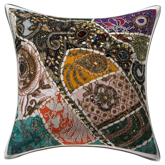 Stylo Culture Ethnic Cotton Living Room Throw Pillow Cover White 16x16 Bohemian Beaded Sequins Patchwork Embroidered Couch Cushion Cover 40 x 40 cm Home Decor Neck Design Square Pillow Case | 1 Pc