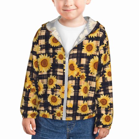 

Qekee Vintage Black White Plaid Sunflowe Print UPF 50+ Kids Sun-Protective Hooded Long Sleeve Rash Guard for Fishing Water Beach Sports -2 Years