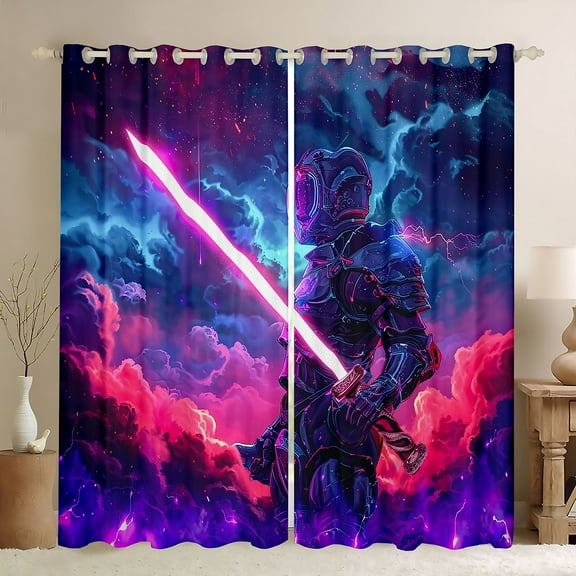 jejeloiu 3D Soldier Lightsaber Black Out Curtains,Modern Fashion Gaming Curtains Pack of 2 (42x63 Each),Purple Pink Blue Bedroom Curtains For Boys,Ultra Soft Home Decor