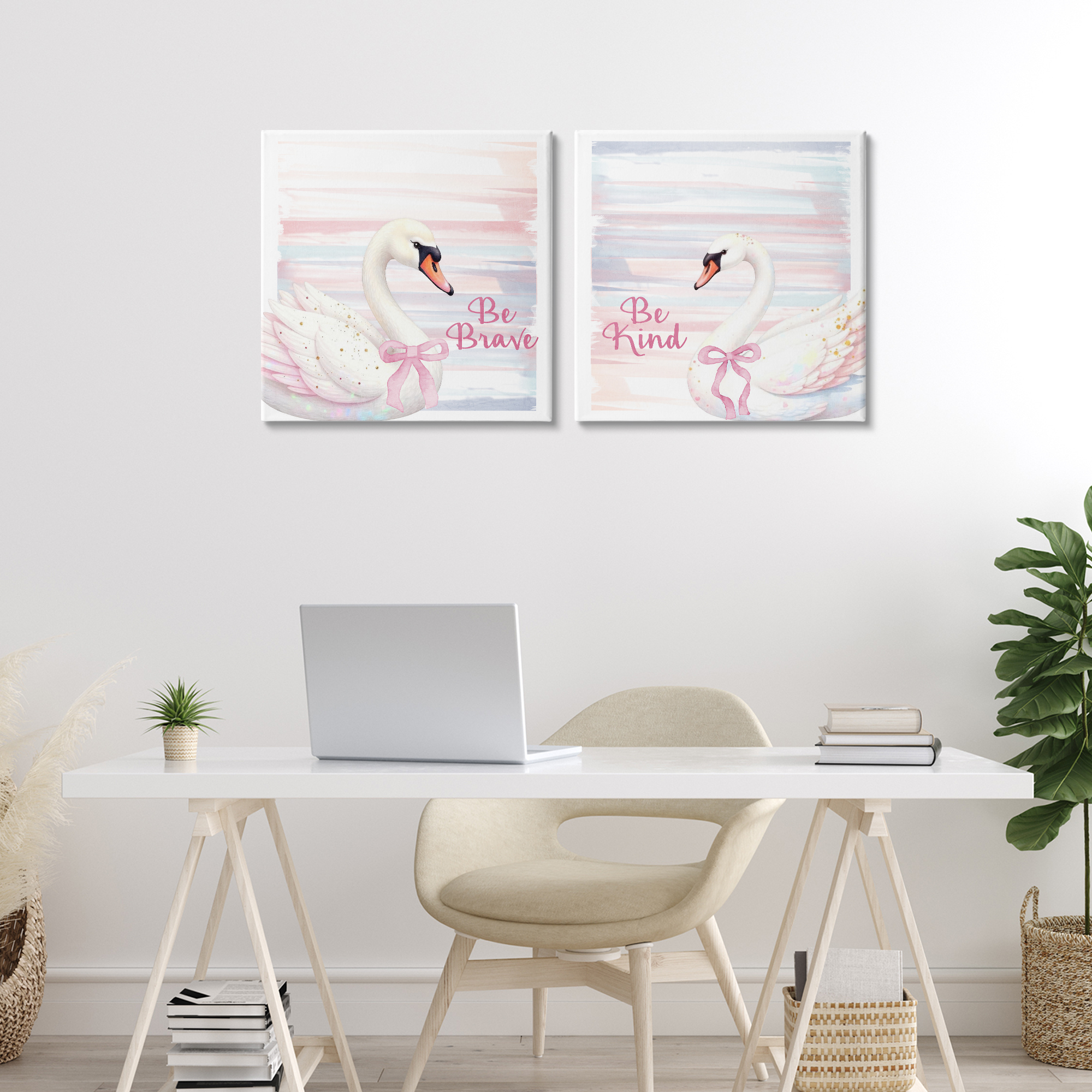 Be Brave & Kind Pastel Swan 2 Piece Canvas Wall Art Set, design by Kim Allen