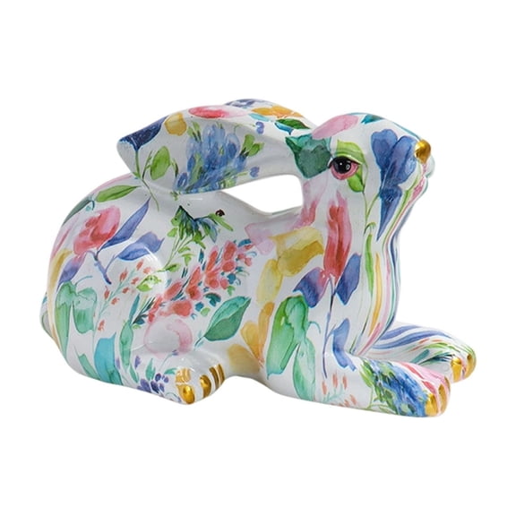 Eoozwa Easter Bunny Figurine Watercolor Floral Design Resin Decoration for Home Office Shelf Desk Spring Decor Hand Painted Style Gift Accent