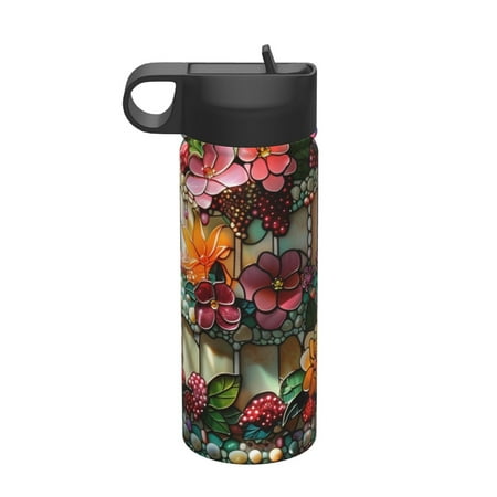 

Salouo Stained Glass Floral Cake Pattern 18 oz Water Bottle With Straw Stainless Steel Sports Water Cup Flask Wide Mouth Travel Thermal Mug for Home Office Car
