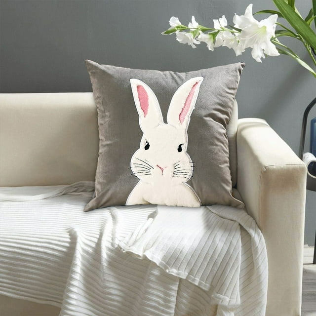 BotaniNest Velvet Rabbit Throw Pillow Embroidery Couple Pillow Cover Pink Throw Pillowcase Sofa Waist Pillow Cute Little Rabbit Throw Pillow
