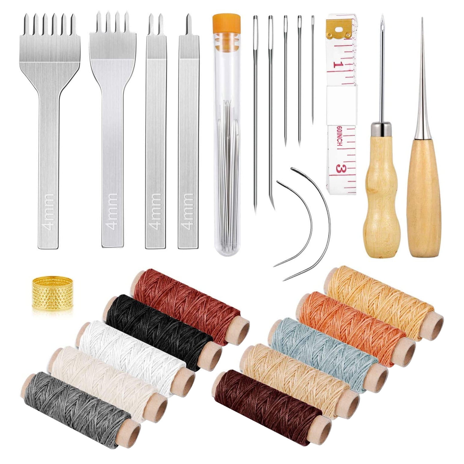 35pcs Leather Sewing Tools Kit with 4mm Stitching Prong Punch Waxed Thread Large-Eye; for Beginners