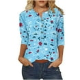 thumbnail image 2 of ALLLIST Notch Neck Spring Tops Blue 3/4 Sleeve Floral Printed T-Shirts Button Loose Blouses for Women Dressy Casual, 2 of 5