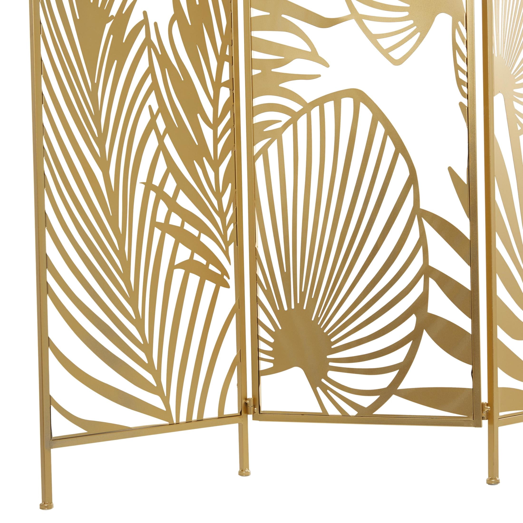 DecMode 48" x 71" Gold Metal Leaf Foldable Partition Cutout Palm Leaf 3 Panel Room Divider Screen, 1-Piece