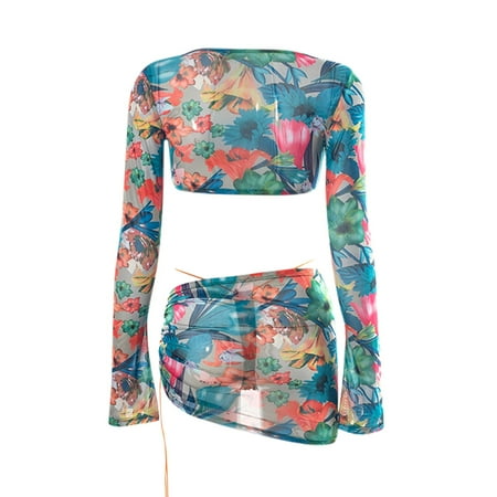 

Jpgif Women s Printed Navel Long Sleeve Tops Irregular Drawstring Miniskirt Set