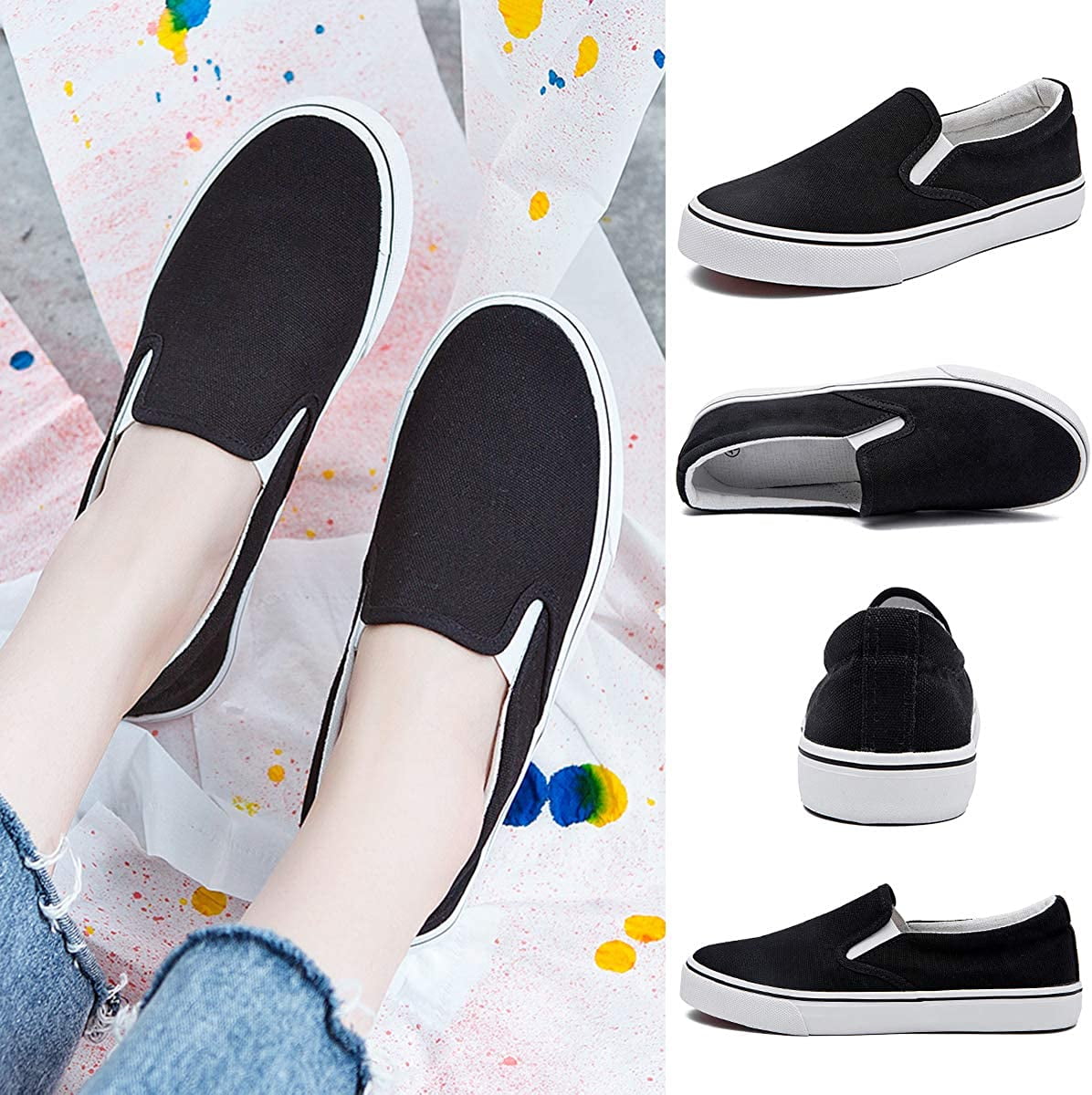  JWSVBF Women's Slip on Sneakers Womens Canvas Slip on Shoes  Fashion Rhinestone Tennis Shoes for Women Black and White Loafers White  Sneakers for Women Slip On : Sports & Outdoors